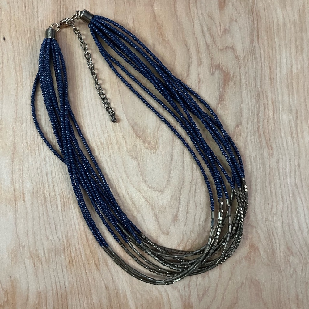 Navy Blue and Metallic Gold Beaded Necklace